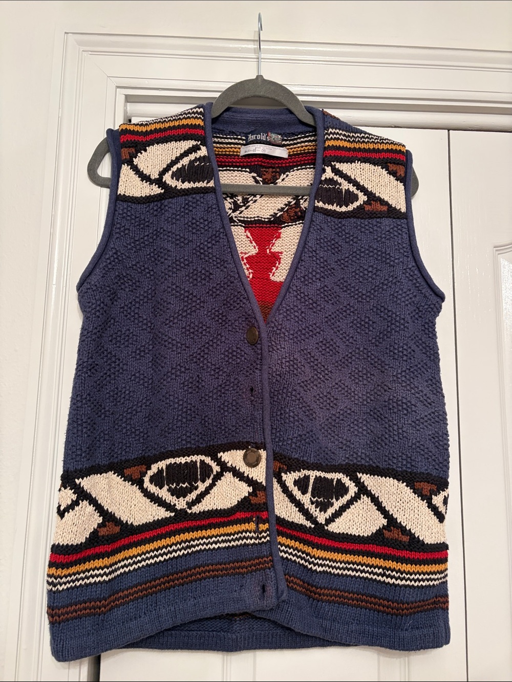 Harold's Navy Blue Patterned Knit Vest with Multicolor Trim